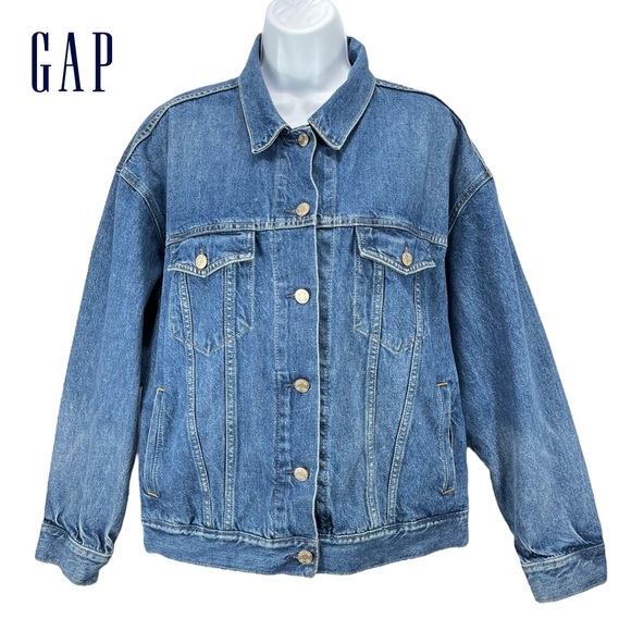 GAP | Women’s Large | Oversized‎ Dad Medium Indigo Blue Denim Jacket - Picture 1 of 10